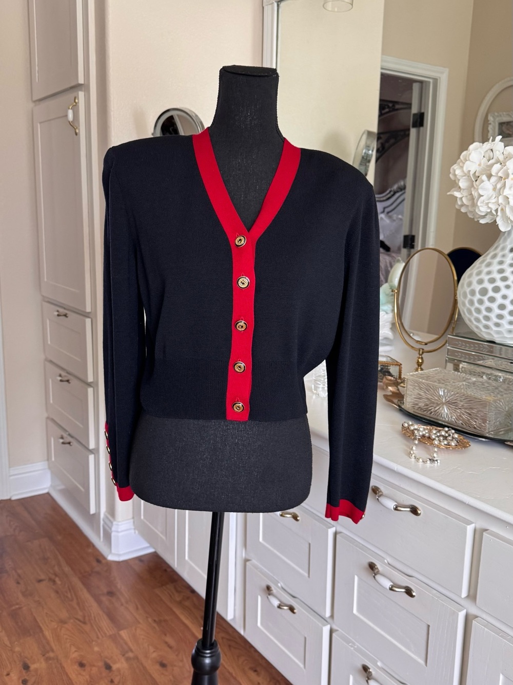 St John Collection Black Cardigan Red Trim
